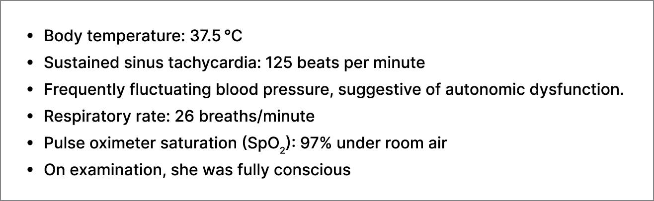 • Body temperature: 37.5 °C • Sustained sinus tachycardia: 125 beats per minute • Frequently fluctuating blood pressu...
