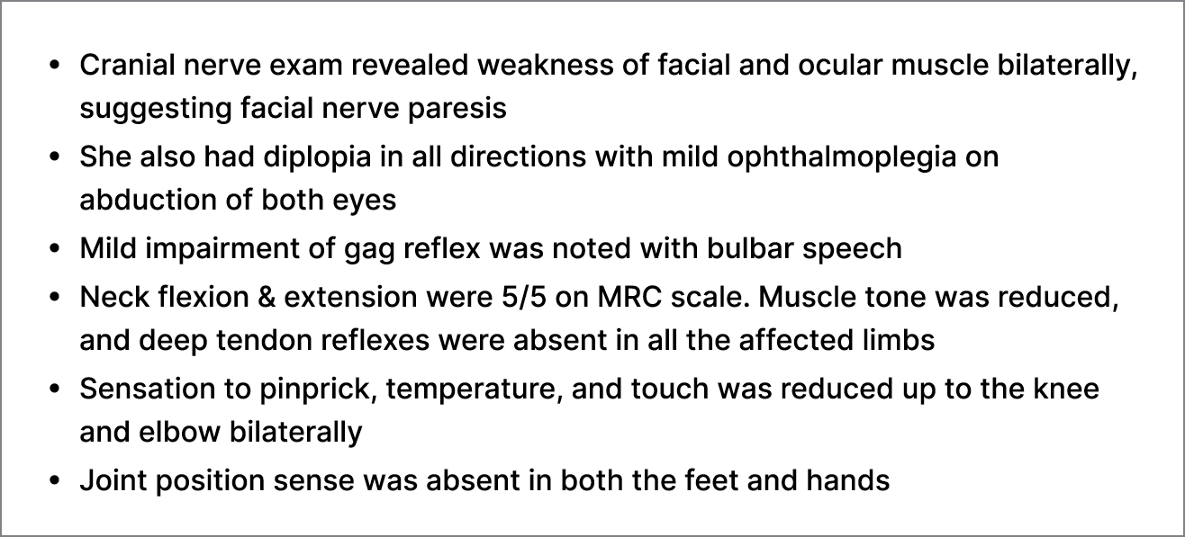 • Cranial nerve exam revealed weakness of facial and ocular muscle bilaterally, suggesting facial nerve paresis • She...
