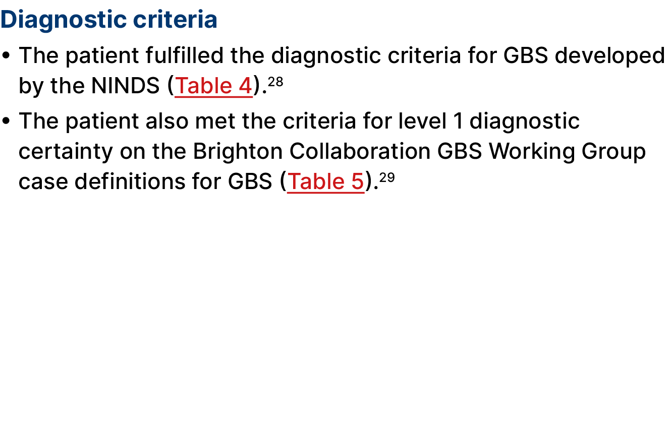 Diagnostic criteria • The patient fulfilled the diagnostic criteria for GBS developed by the NINDS (Table 4).28 • The...