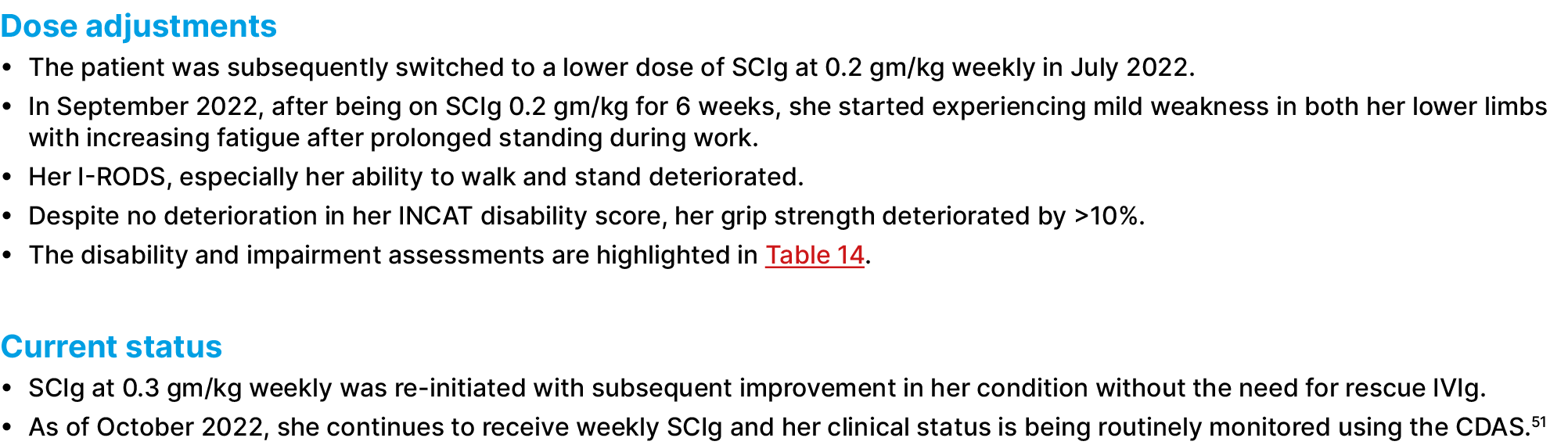 Dose adjustments • The patient was subsequently switched to a lower dose of SCIg at 0.2 gm/kg weekly in July 2022. • ...