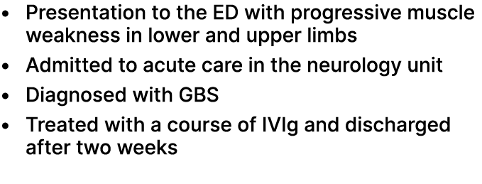 • Presentation to the ED with progressive muscle weakness in lower and upper limbs • Admitted to acute care in the ne...