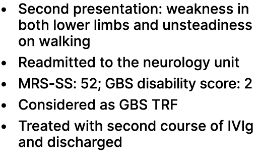 • Second presentation: weakness in both lower limbs and unsteadiness on walking • Readmitted to the neurology unit • ...