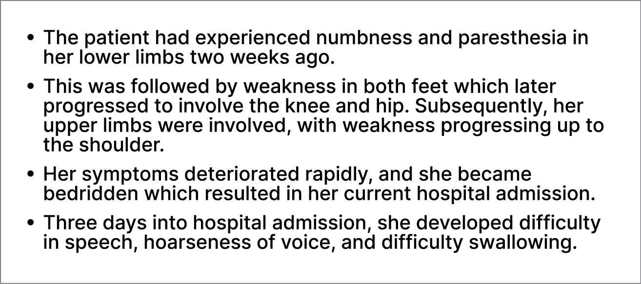 • The patient had experienced numbness and paresthesia in her lower limbs two weeks ago. • This was followed by weakn...